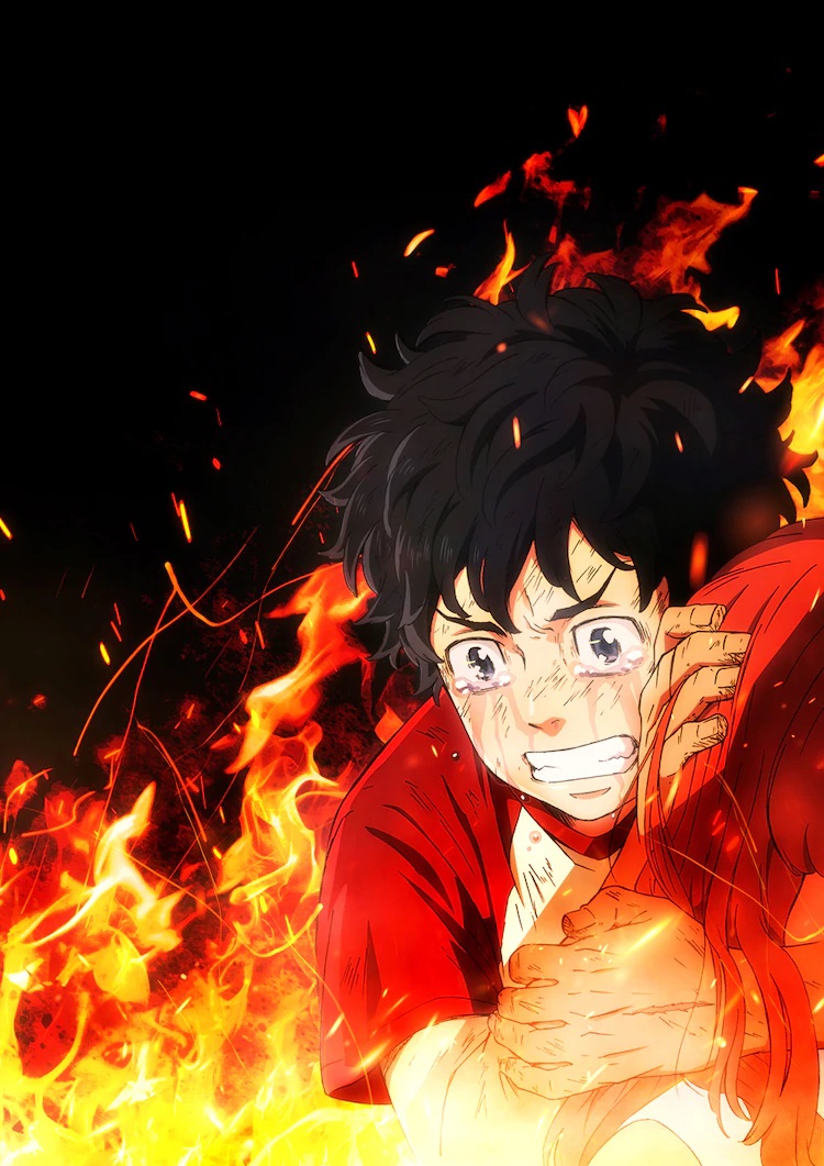 Takemichi Hanagaki, the protagonist of the series, weeps bitter tears while cradling the body of Hinata Tachibana, his former girlfriend, while flames dance all around him in a new key visual for the upcoming Tokyo Revengers TV anime.