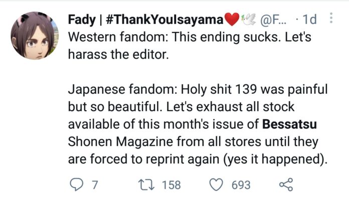 A fan's reaction tweet on the last chapter of AOT manga