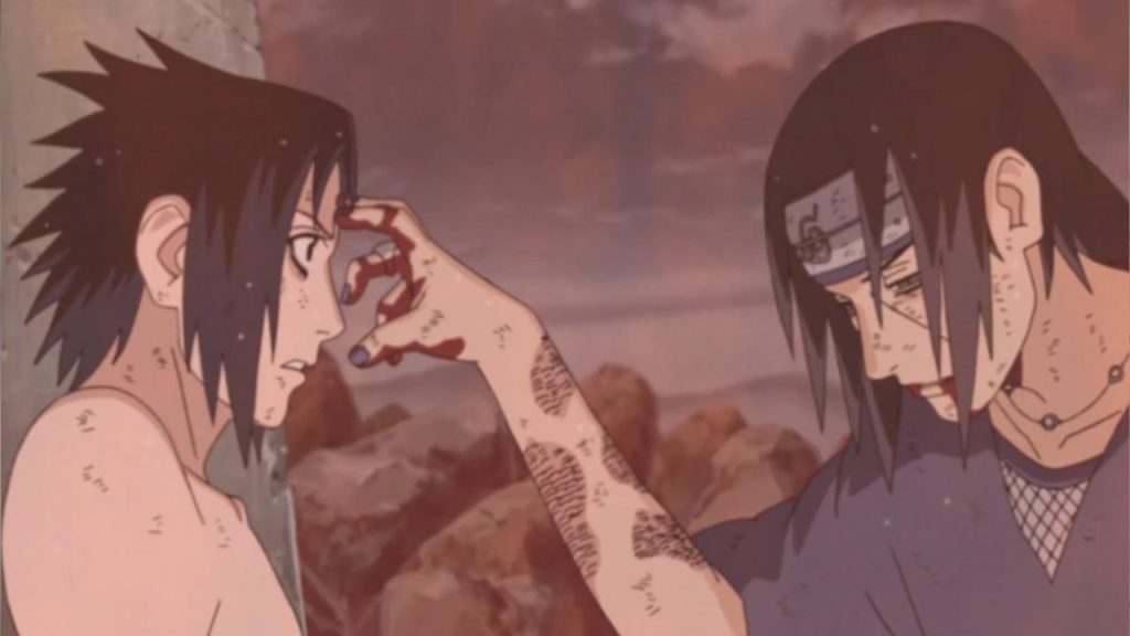 Itachi poking Sasuke’s forehead before he died + locking in Amaterasu