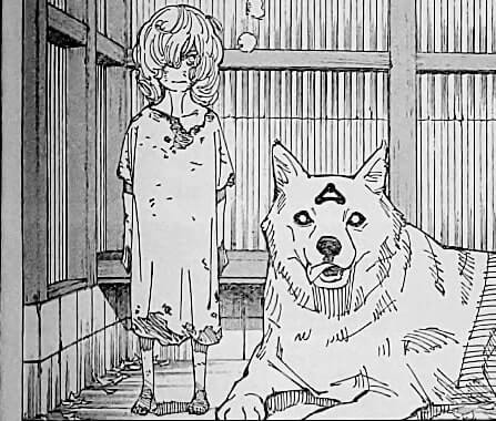 In this scene, the little girl who was saved by Megumi's holy dog is shown with her new canine companion.