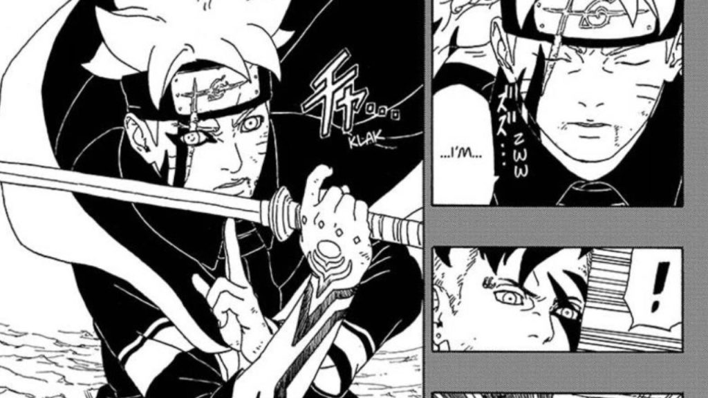 Boruto using Sasuke’s sword and wearing Sasuke’s cloak and headband