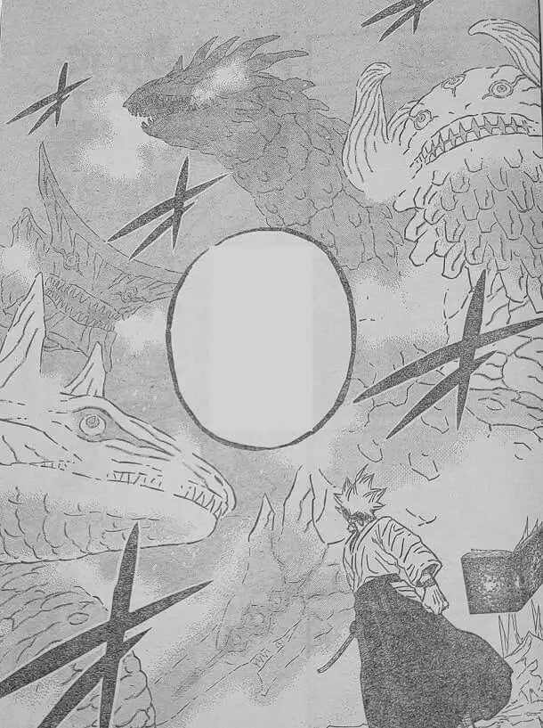 At the end of the chapter, the five-headed dragon is hiding behind Asta, and Asta says that the dragon's time is up.